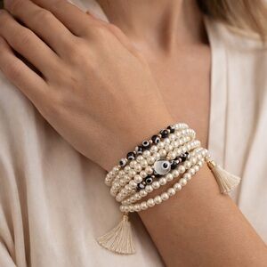 Elegant Evil Eye Pearl Beaded Bracelet Set